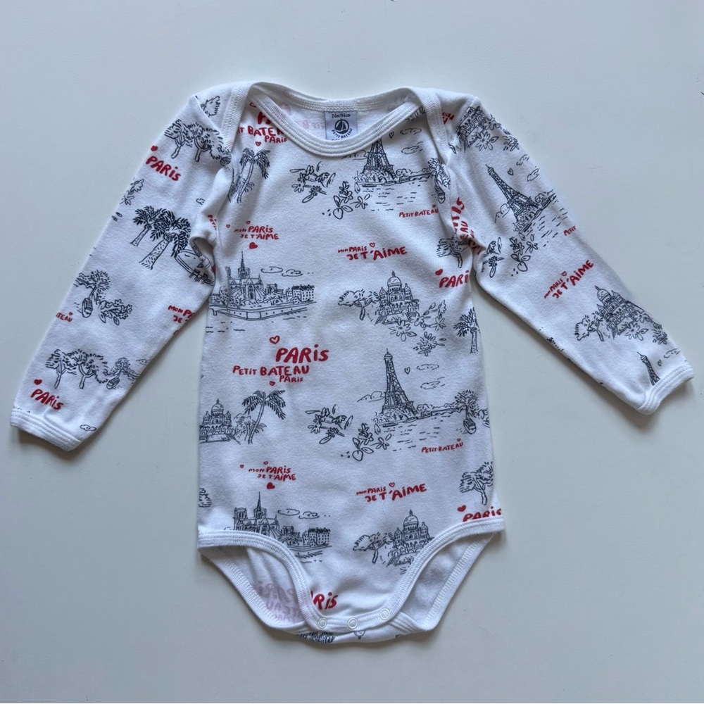 Petit Bateau Kids Unisex Paris Print Long-Sleeve Onesie - White